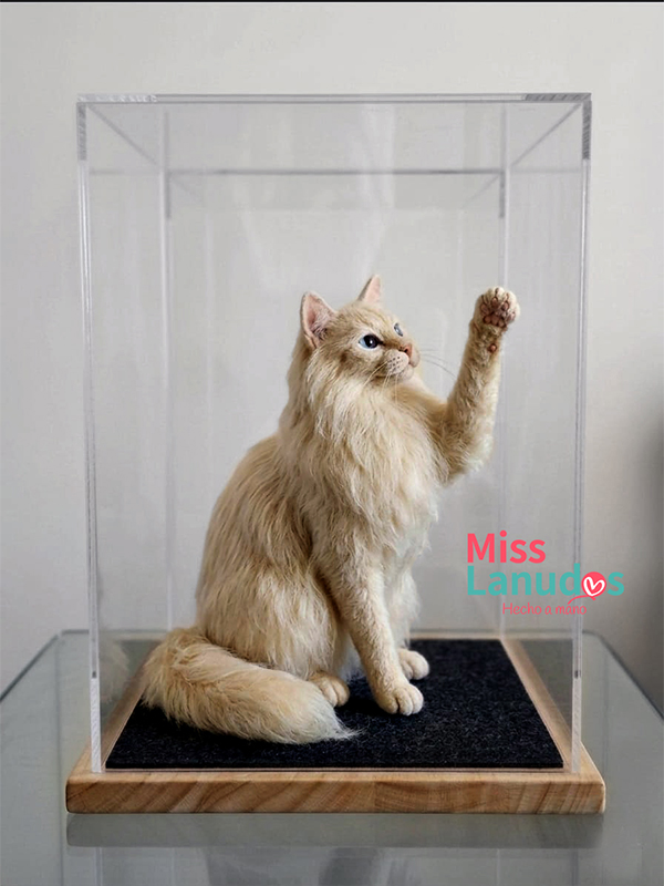 escultura de gato en felting 30cm en exhibidor misslanudos peru